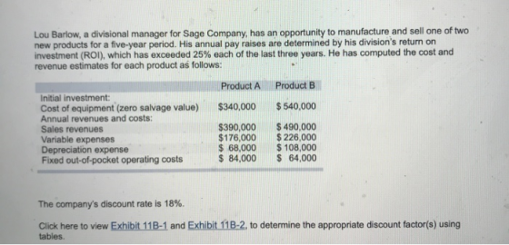 Lou Barlow, a divisional manager for Sage Company, has an opportunity to manufacture and sell one of two new products for a f