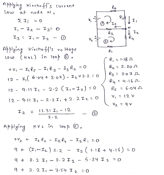 Applying Kirchoffs current R5 Law at node na + RO Ii I3 N ΣΙ; I, - I2 - I3= 0 Iz = I, - I2 R2 1 Iz + - 0 Ru V2 Applying Kirc