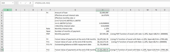 H19 : * fic =FV(H11,119,-413) A B C D E F I J K L M N O H $2,000,000 16.0755% Amount of loan Effective annual Interest rate E