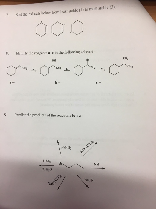 Sort the radicals below from least stable (1) to m