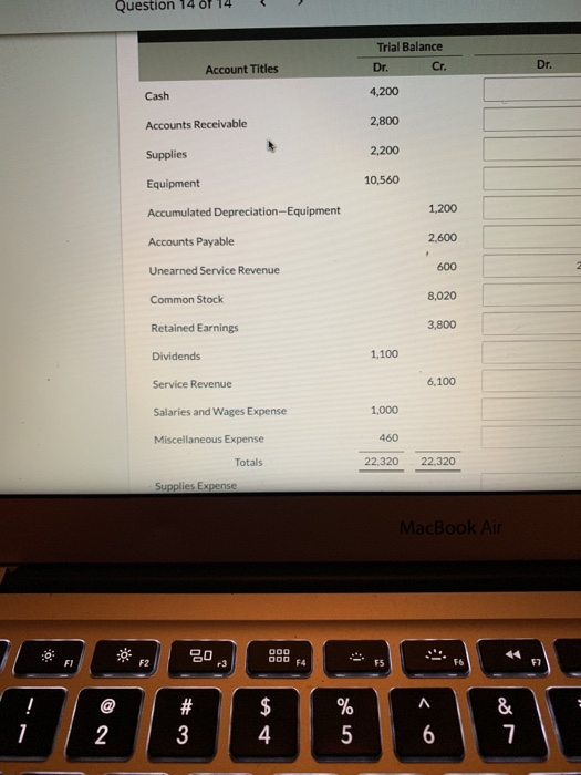 Question Trial Balance Dr. Cr. Dr. Account Titles Cash 4,200 Accounts Receivable 2,800 2,200 Supplies Equipment 10,560 1,200