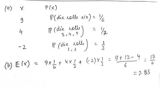 (a) X P(x) P(die colls six) = % Vz IP (die rolls 3,4,5 IP (die calls -2 wla 1,2 17 6 (b) F(x) 9x2 + 4x} + (-2)x} = 9+12 - 4 6