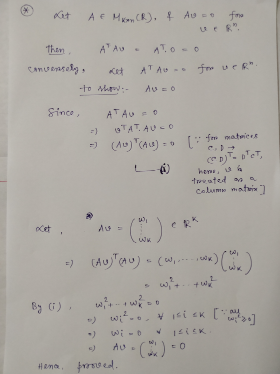 Let then, convensely AE MKCR), & Av=o for Lee R. ATAU = ATO=0 set ATAU oo for VER. to show. - Av=0 since, =) =) ATAU = 0 UT