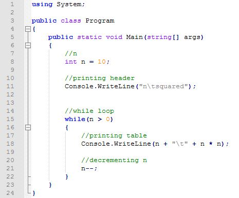 он using System; о л ь public class Program { public static void Main(string[] args) //n int n = 10; //printing header Consol