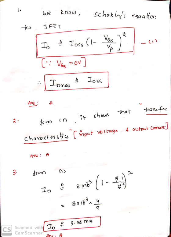 to we know, schokleys equation too IFET Io & Ioss (I- Vase [ Vas=or Ismar & loss Ans: A that transfer shows it from 11 4 out