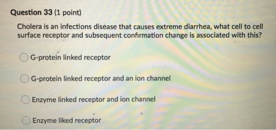 Question 33 (1 point) Cholera is an infections disease that causes extreme diarrhea, what cell to cell surface receptor and s