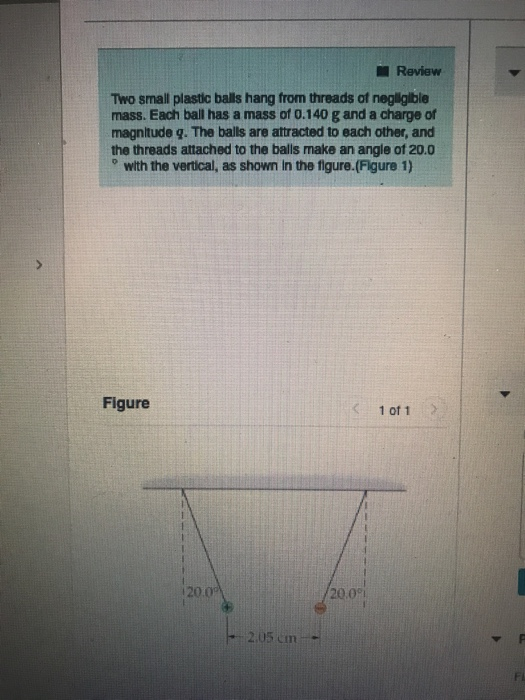 Review Two small plastic balls hang from threads of negliglble mass. Each ball has a mass of 0.140 g and a charge of magnitude g. The balls are attracted to each other, and the threads attached to the balls make an angle of 20.0 with the vertical, as shown in the figure.(Figure 1) Figure 1 ot 1 20.0 20.09 205 cim