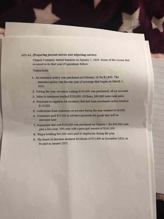 AP3-6A (Preparing journal entries and adjusting entries) Chapati Company started business on January 1, 2020. Some of the eve
