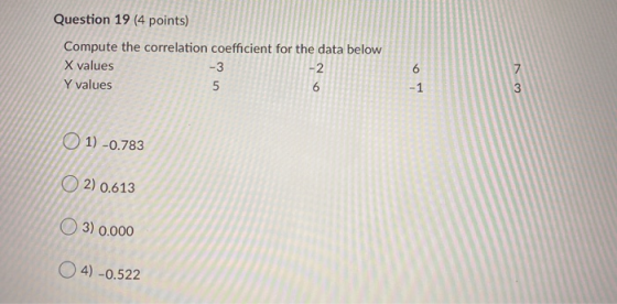 Question 19 (4 points) Compute the correlation coefficient for the data below X values -3 Y values 5 6 -2 6 -1 7 3 1) -0.783