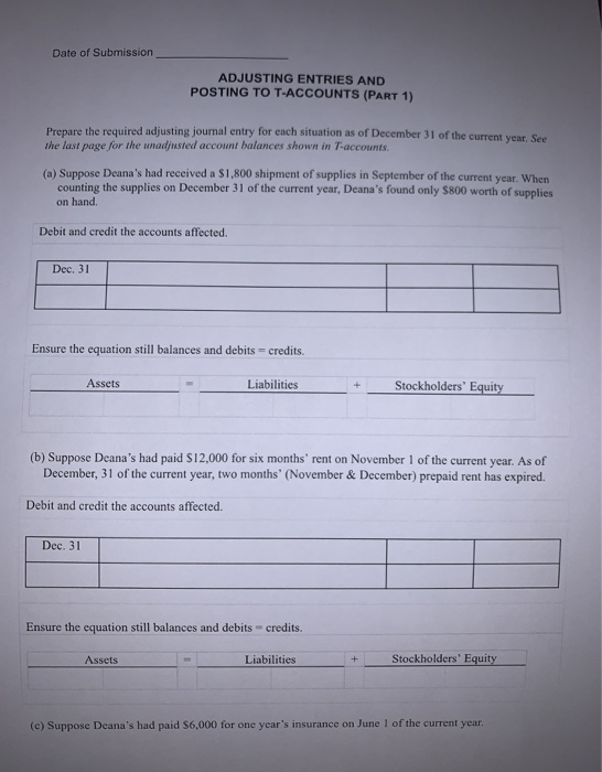 Date of Submission ADJUSTING ENTRIES AND POSTING TO T-ACCOUNTS (PART 1) Prepare the required adjusting journal entry for each