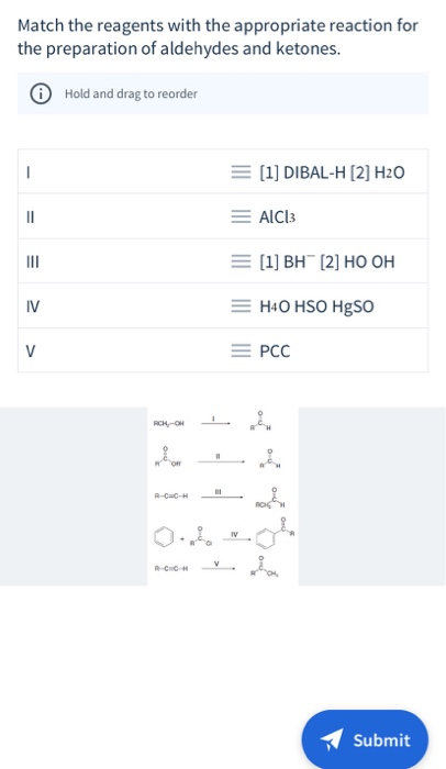Match the reagents with the appropriate reaction for the preparation of aldehydes and ketones. O Hold and drag to reorder = [