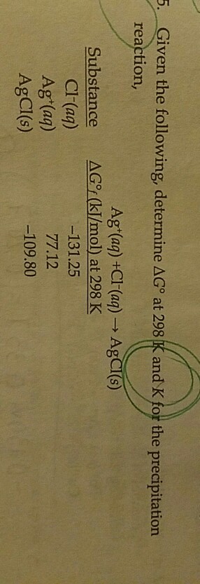 Given the following, determine ΔGo at 29 reaction, ( and K or the precipitation · (k]/mol) at 298 K Substance AG Cl (aq) Ag (aq) AgCI(s) -131.25 77.12 -109.80