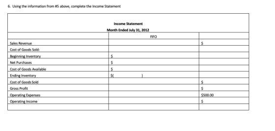 6. Using the information from #5 above, complete the Income Statement Income Statement Month Ended July 31, 2012 FIFO Sales R