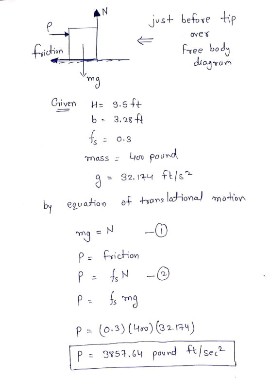just before tip over free body diagram triction Img Given H= 9.5 ft b = 3.28 ft fs = 0.3 mass - 400 pound. g = 32.174 ft/s ?