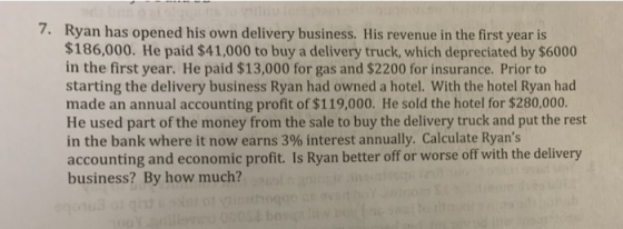 7. Ryan has opened his own delivery business. His revenue in the first year is $186,000. He paid $41,000 to buy a delivery tr