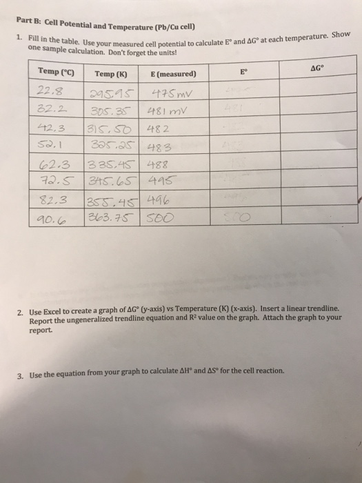 Part B: Cell Potential and Temperature (Pb/Cu cell) 1. Fill in the table. Use cell one sample calculation. Dont forget the u