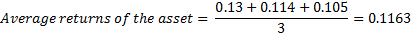 0.13 + 0.114 + 0.105 Average returns of the asset = - = 0.1163