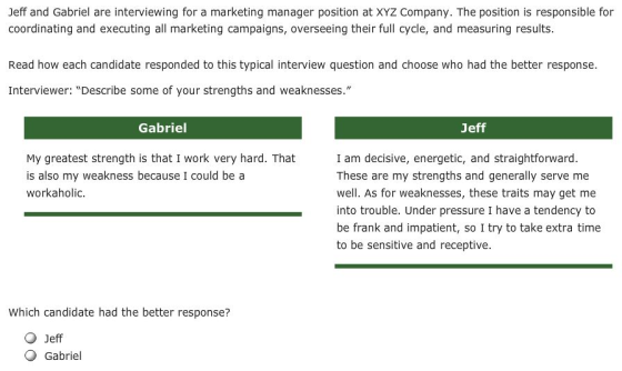 Jeff and Gabriel are interviewing for a marketing manager position at XYZ Company. The position is responsible for coordinating and executing all marketing campaigns, overseeing their full cycle, and measuring results. Read how each candidate responded to this typical interview question and choose who had the better response. Interviewer: Describe some of your strengths and weaknesses. Gabriel Jetf My greatest strength is that I work very hard. That is also my weakness because I could bea workaholic I am decisive, energetic, and straightforward. These are my strengths and generally serve me well. As for weaknesses, these traits may get me into trouble. Under pressure I have a tendency to be frank and impatient, so I try to take extra time to be sensitive and receptive. Which candidate had the better response? O Jeff Gabriel