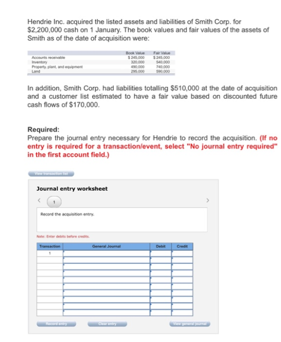 Hendrie Inc. acquired the listed assets and liabilities of Smith Corp. for $2,200,000 cash on 1 January. The book values and