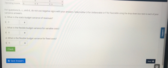 Operating income For questions b, c, and d., do not use negative signs with your answers. Select either Ufor Unfavorable or F