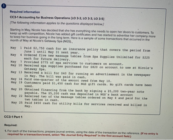 Required information CC3-1 Accounting for Business Operations (LO 3-2, LO 3-3, LO 3-5) (The following information applies to