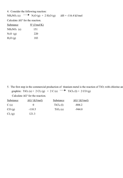 AH-116.4 kJ/mol 4. Consider the following reaction: NH.NO, (s) N20 (8) + 2 H20 (g) Calculate AGⓇ for the reaction. Substance