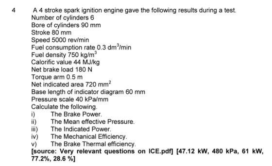 A 4 stroke spark ignition engine gave the following results during a test. Number of cylinders 6 Bore of cylinders 90 mm Stro