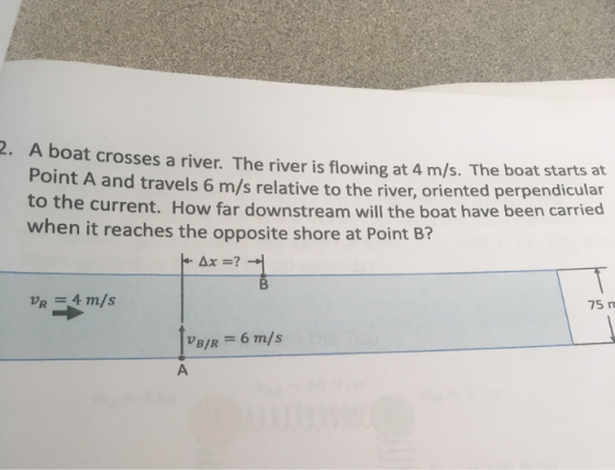2. A boat crosses a river. The river is flowing at 4 m/s. The boat starts a Point A and travels 6 m/s relative to the river,
