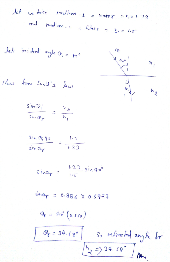 12 let take meelium - we water =n=1.33 and medium- Glass be 1.5 let incidend angle i = 90° Cli tool Now from Swells low sinc