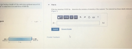 bar having a length of 5 in and cross-secional area of 0 6 n is subjected to an axial force of 8000 lb Part A If the bar stretches 0 0030 in determine the modulus of elasticity of the material. The material has linear-elastic behavior (Figure 1) gure 1 of1 ksi Submit Request Answ Provide Feedback 8000 lb 8000 lb 5 in.