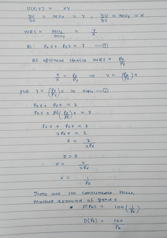 OCX, Y 2 = xy Du = mox ox = y ou = muy = x - Oy ų MRS = mux = muy BL: Pxx+ Pyy = I - At optimal choice mRs = put y = (Px) x i