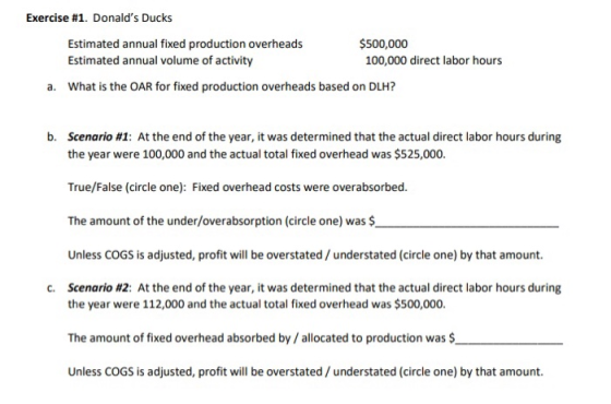Exercise #1. Donalds Ducks Estimated annual fixed production overheads Estimated annual volume of activity $500,000 100,000