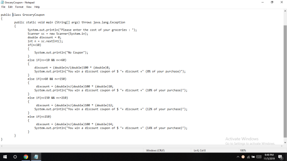 - x GroceryCoupon - Notepad File Edit Format View Help public lass GroceryCoupon public static void main (String[] args) thro