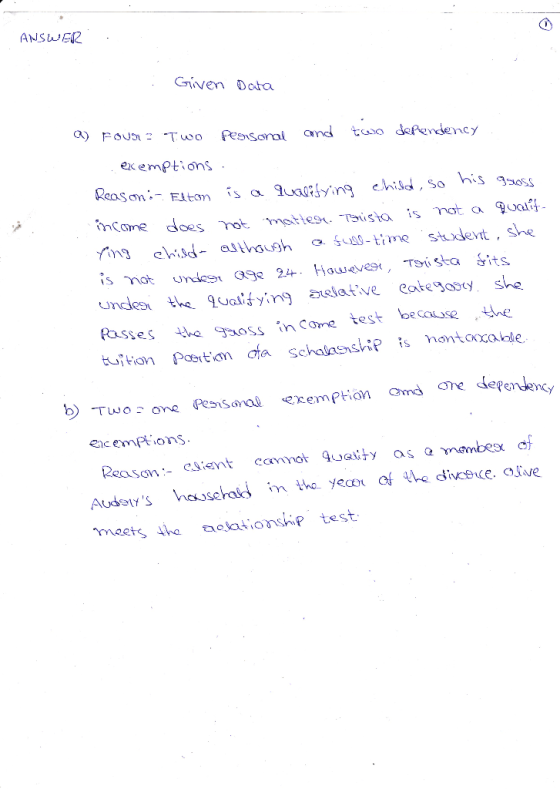 ANSWE2 Given Data exemptions Acas on :-Elton is α 3olifying ehad, so his goss rons chiddush me student, she uncdles the atve