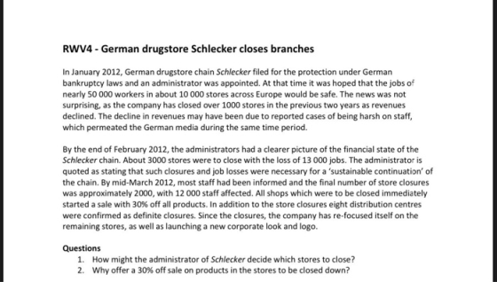 RWV4 - German drugstore Schlecker closes branches In January 2012, German drugstore chain Schlecker filed for the protection