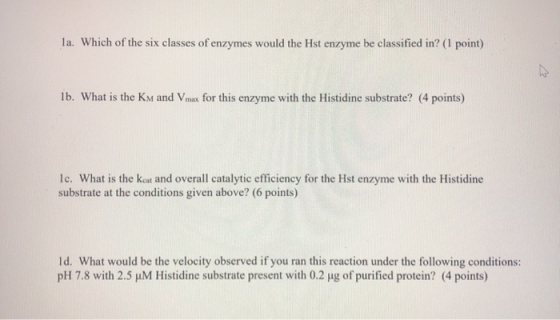 la. Which of the six classes of enzymes would the Hst enzyme be classified in? (1 point) 1b. What is the Km and Vmax for this
