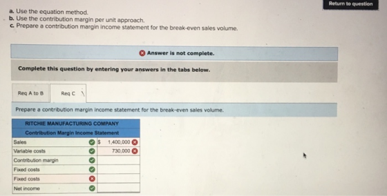 Return to question a. Use the equation method. . b. Use the contribution margin per unit approach. c. Prepare a contribution margin income statement for the break-even sales volume. Answer is not complete. Complete this question by entering your answers in the tabs below. Req A to B | Req C Prepare a contribution margin income statement for the break-even sales volume RITCHIE MANUFACTURING COMPANY Contribution Margin Income Statement 1,400,000 730,000 Sales Variable costs Contribution margin Fixed costs Fixed costs Net income