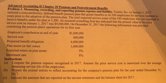 Advanced Accounting II Chapter 20 Pensions and Postretirement Benefits Problem 1. Measuring, recording, and reporting pension