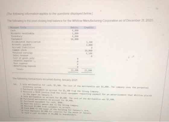 The following information applies to the questions displayed below.] The following is the post-closing trial balance for the