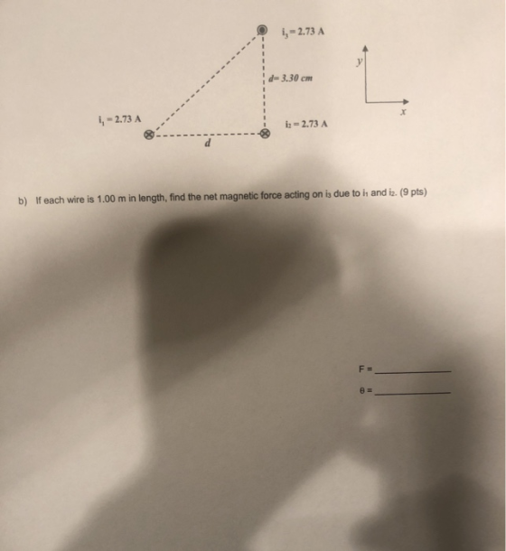 i, = 2.73 A Id=3.30 cm i, = 2.73 A iz = 2.73 A b) If each wire is 1.00 m in length, find the net magnetic force acting on is