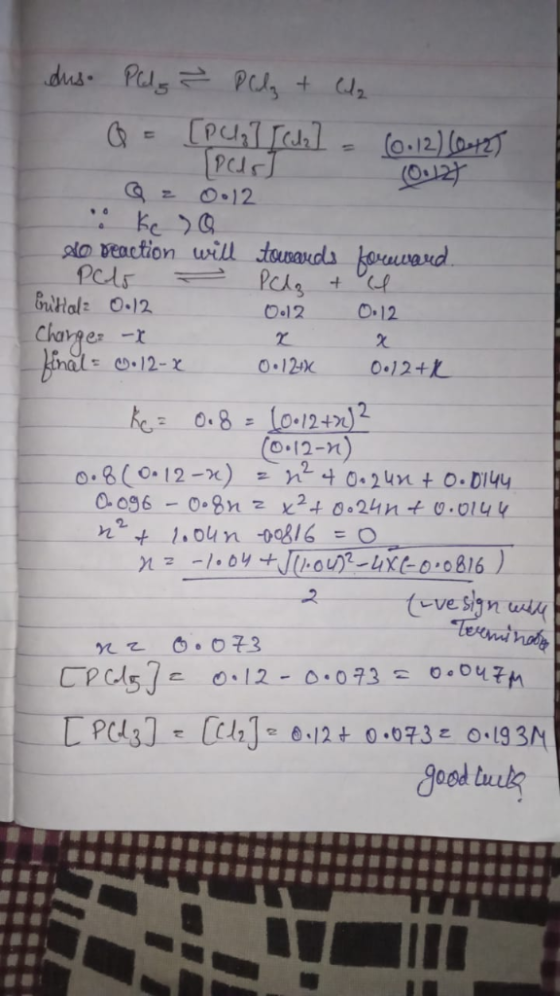 (0.127 dus. Palg ? Palg + Celz Q = [pag] [ce] (0.12) (0425 Part Q = 0.12 ke so do reaction will towards koreward. Pals - PCs