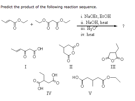 Predict the product of the following reaction sequence. i. NaOet, EtOH ii. NaOH, heat iii. H20 iv. heat YOH O