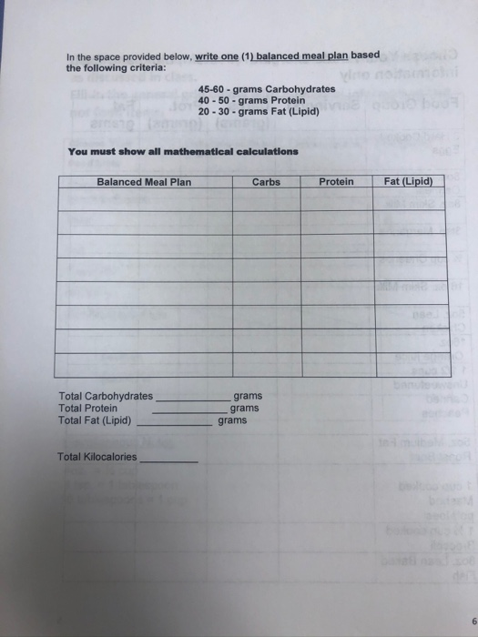 In the space provided below, write one (1) balanced meal plan based the following criteria: 45-60 - grams Carbohydrates 40 -