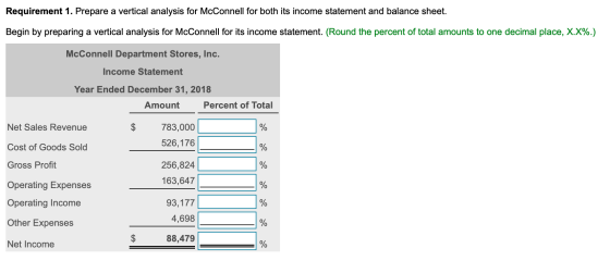 Requirement 1. Prepare a vertical analysis for McConnell for both its income statement and balance sheet. Begin by preparing
