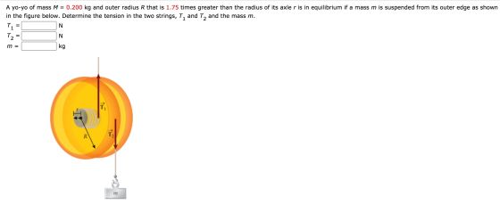 1 A yo-yo of mass M = 0.200 kg and outer radius R that is 1.75 times greater than the radius of its axle r is in equilibrium