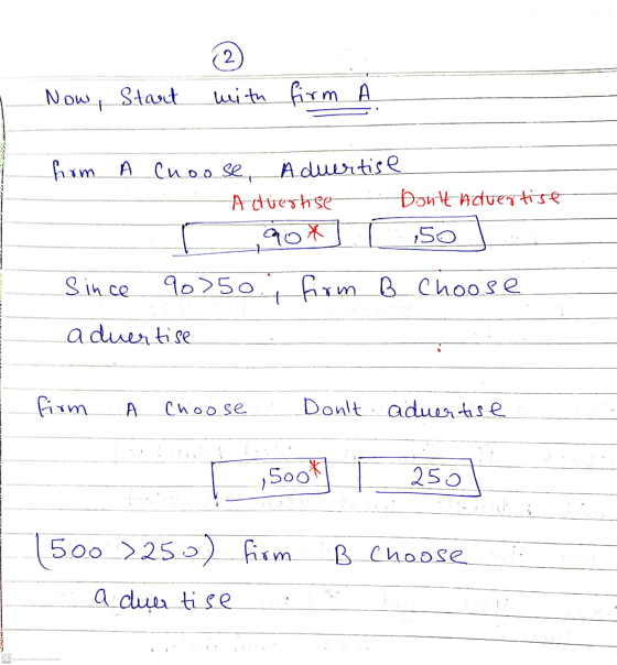 2 Now, Start with firm A from A Choose, Aduertise Advertise Dont Advertise 150 aot Since 90>5o. firm B Choose a duertise fir