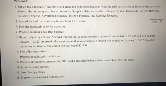 Page 171 Required: 1. Set up the necessary T-accounts and enter the beginning balances from the trial balance. In addition to
