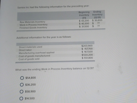 Santos Inc had the following information for the preceding year: Beginning Ending Inventory Inventory 43,200 30,800 31,500 ?? (12/31) Raw Materials Inventory Work in Process Inventory Finished Goods Inventory $40,300 $ ?? Additional information for the year is as follows: Direct materials used Direct labor Manufacturing overhead applied Cost of goods manufactured Cost of goods sold $203,900 $157,700 167,500 $533,200 $551,800 What was the ending Work in Process Inventory balance on 12/31? O $54,800 O $36,200 O $58,900 O $14,500