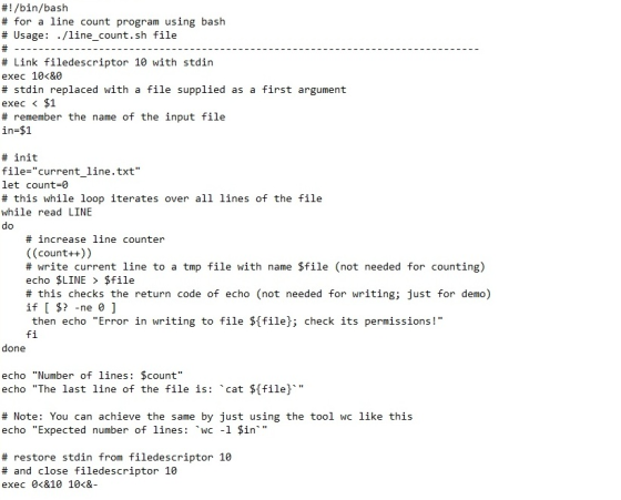 #1 /bin/bash # for a line count program using bash # Usage: ./line. Count . sh file # Link filedescriptor 10 with stdin exec