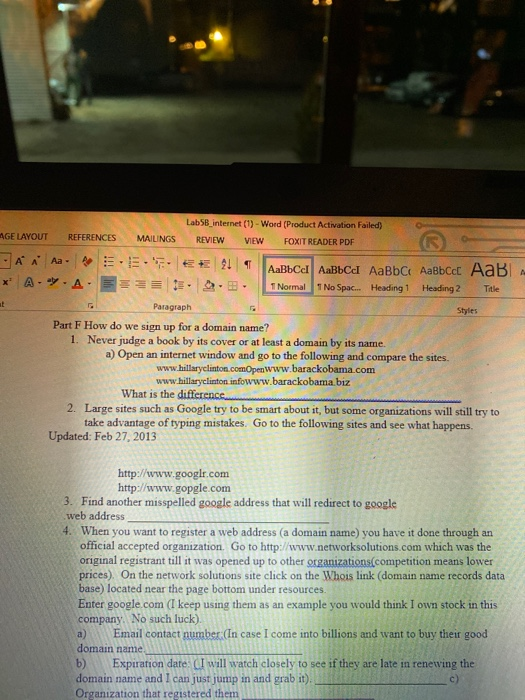 Lab5B_internet (1) - Word (Product Activation Failed) AGE LAYOUT REFERENCES MAILINGS REVIEW VIEW FOXIT READER PDF A Aa- EVER